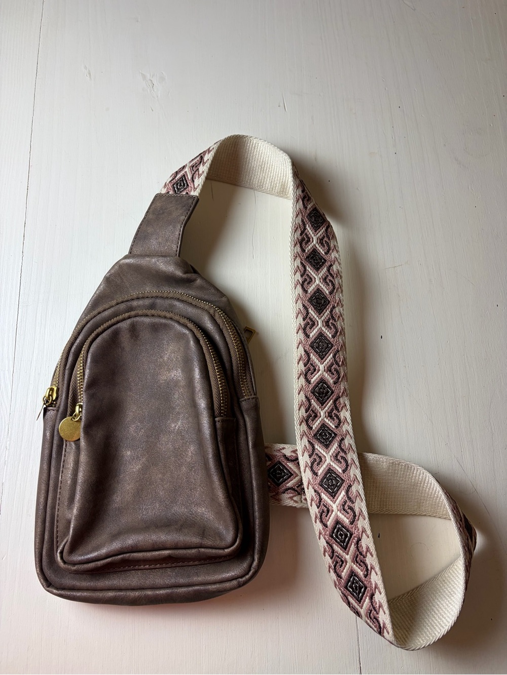 Style & Co. Brown Leather Crossbody Bag with Patterned Cream Strap